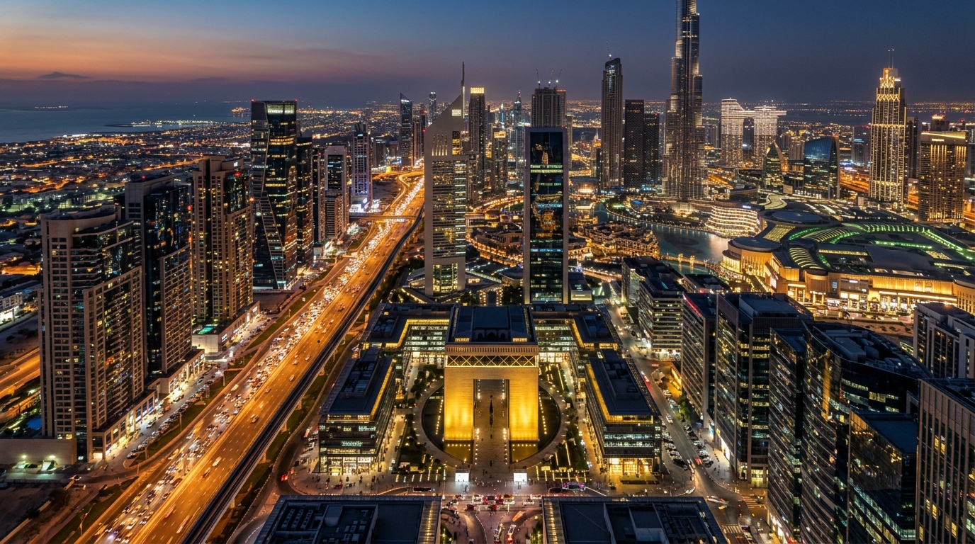 Dubai Downtown Skyline at Night Praya Holding